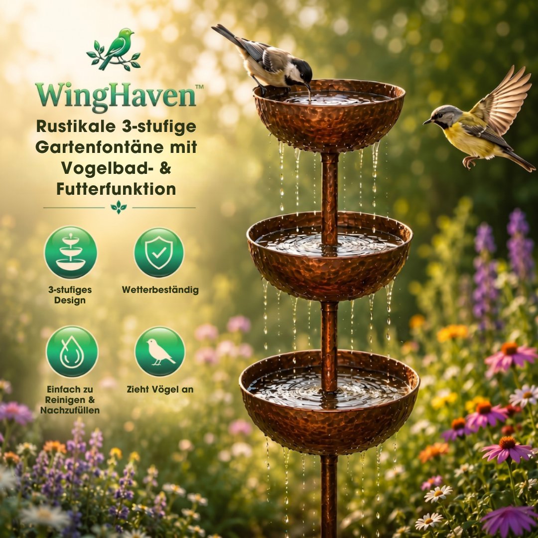 WingHaven™ – Vogelbad & Futterstation mit Springbrunnen